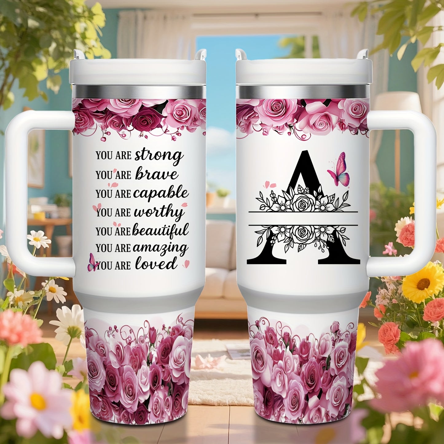 MIKENDA 1pc 40oz "A-Z Custom Letters & Name" Stainless Steel Travel Cup with Lid And Straw. Coffee Cup, Kitchen Drinkware. Great Gift for Women, Friends, Parents.for Mother's Day, Holidays. for Home & Outdoor Use.Halloween &