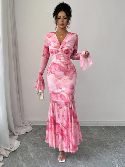 's Pink & Golden Peony Floral Print Mermaid Evening Gown - Bell Sleeve A-Line Wedding Dress with Train, -Length Party Dress for Prom, Galas & Formal Events (Machine Washable)