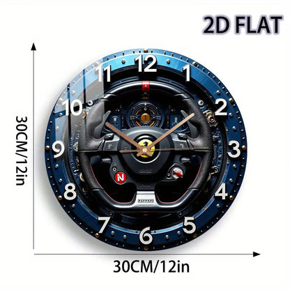 12-Inch Racing Car Steering Wheel Wall Clock - Silent Quartz Movement, Black & Yellow with Red N Emblem & Metallic Accent - Glass Round Clock for Home, Garage, Office, for Man Cave Decor - Ideal Gift for Motorsport Fans (AA B