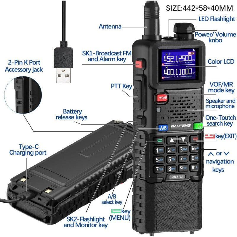 Baofeng Radio Ham Radio Long Range 5RM 10W Handheld NOAA Weather Radio 3800mAh Rechargeable Walkie Talkies for Adults with Programming Cable USB C Charging for Hunting Survival Gear 2 Pack
