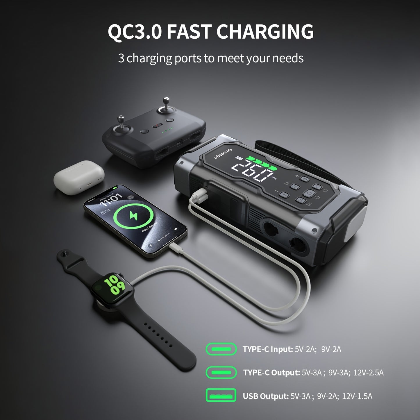 9000A Car Battery Jump Starter - Portable Power Pack with Extended Smart Jumper Cables, Quick Charge, Large Display, LED Lights, And Safety Protections for (All Gas/3.17gal Diesel) Engines, Start The Car Quickly, Jump Starter