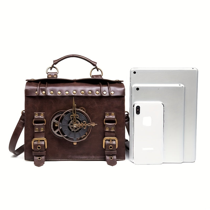 Vintage Steampunk Shoulder Bag - Brown with Gear Accents, Detachable Crossbody Strap, Perfect for Halloween & Parties, Gothic Purse