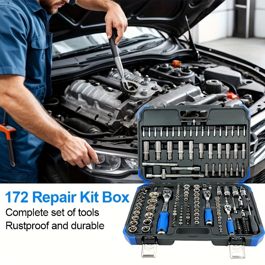 172/45pcs Professional Auto Repair Kit, Ratchet Wrench Set, Torque Wrench, 1/2 *1/4" 3/8" Drive Depth And Standard Sleeve, Auto Repair And Household Machine Tool Set, Suitable for Car And Bicycle Repair Tools