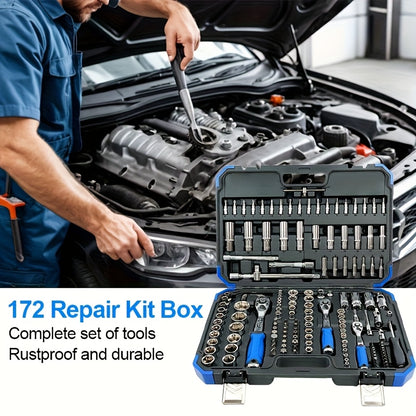 172/45pcs Professional Auto Repair Kit, Ratchet Wrench Set, Torque Wrench, 1/2 *1/4" 3/8" Drive Depth And Standard Sleeve, Auto Repair And Household Machine Tool Set, Suitable for Car And Bicycle Repair Tools