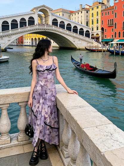 French Vintage Butterfly Floral Camisole Fairy Dress, New Summer Style, Elegant Waist- Mesh Midi Dress