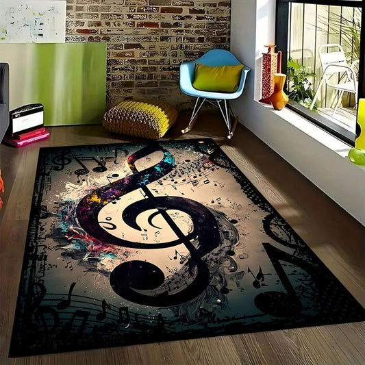 Music Notes Area Rug, Modern Abstract Black Music Notes Colorful Graffiti Indoor Non-Slip Carpet Floor Mat, Soft Washable Rug for Living Room Bedroom Playroom Home Decor