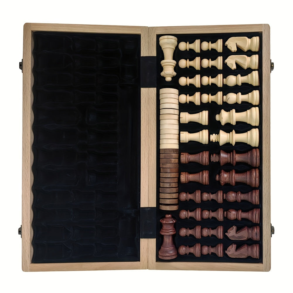 1pc Limited Edition 30.5cm Large Wooden Chess and Checkers Set - Foldable Strategy Game with Exquisite Board and German Knight Staunton Pieces, Portable and Durable Storage Box - For Chess & Checkers Enthusiasts - Perfect Gif