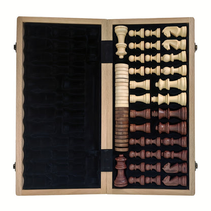 1pc Limited Edition 30.5cm Large Wooden Chess and Checkers Set - Foldable Strategy Game with Exquisite Board and German Knight Staunton Pieces, Portable and Durable Storage Box - For Chess & Checkers Enthusiasts - Perfect Gif