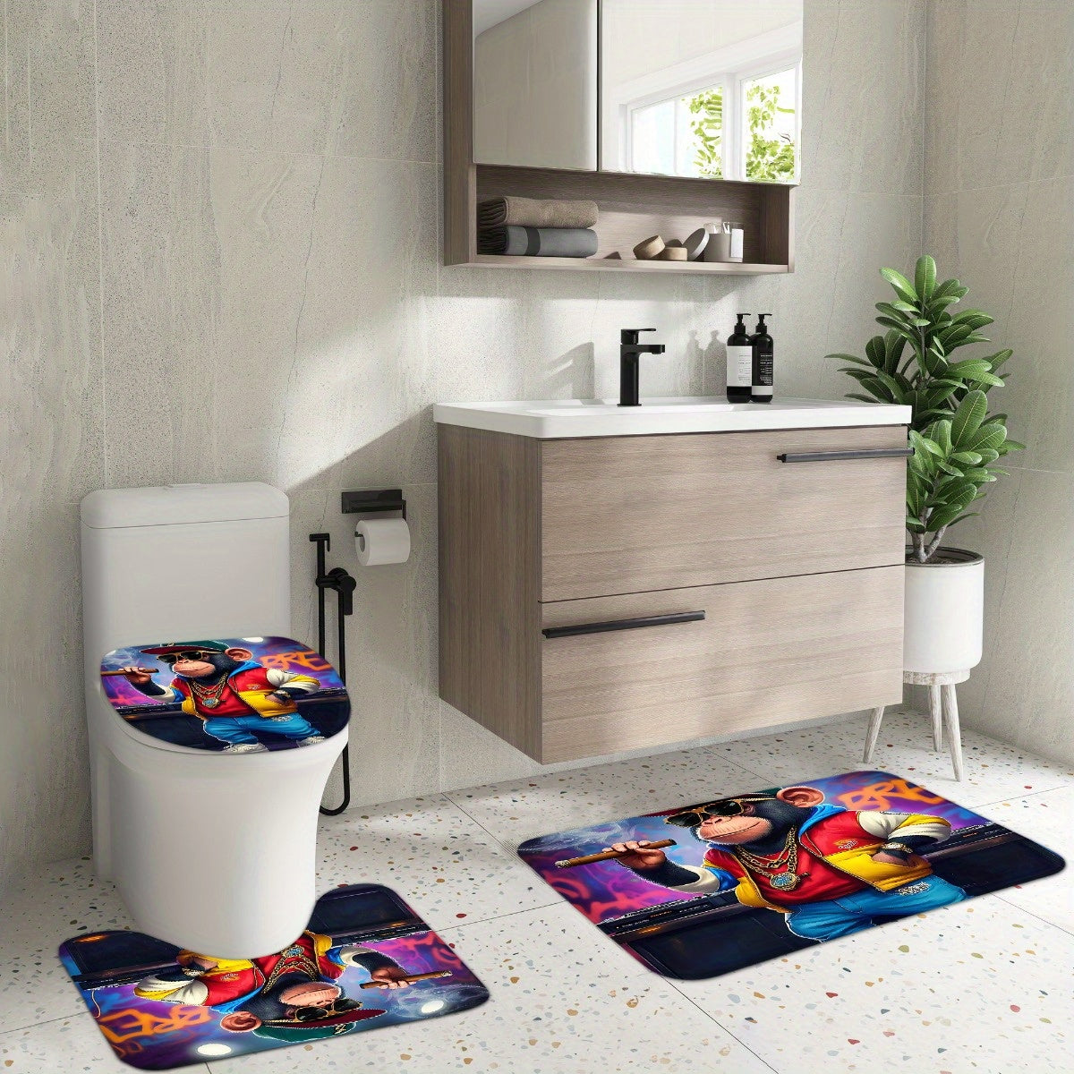 4pcs Cute Monkey Shower Curtain Sets, Modern Animal Pattern Bathroom Curtain Set with 12 Hooks Include Non-Slip Bathroom Rug, Toilet U-Shape Mat, Toilet Lid Cover, Fashion Bathroom Accessories Ideal for Bathroom & Home Decor,