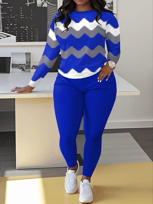 2pcs Women'S Casual Polyester Striped Zigzag Print Long Sleeve Crew Neck Top and Pants Set, Fabric, Regular Fit, with No Belt, for Fall/Winter Collection