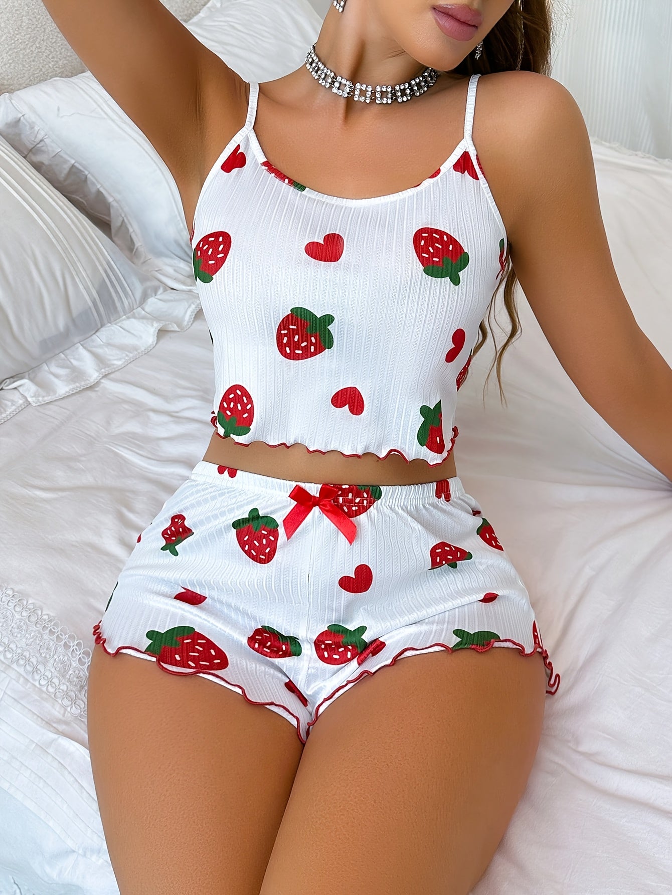 Camisole Romper - Women's Strawberry Love Print - Ruffle Hem with Red Bow