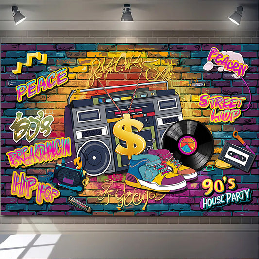 1pc 90s House Party Banner - Vibrant Polyester Backdrop with Boombox, Sneakers & Graffiti, Ideal for Room and Wall Decor, Photo Props, Party Decorations & Gifts, Decorative Background | Retro Party Decor | Polyester Banner, P