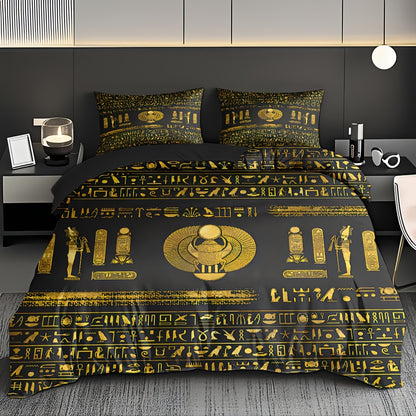 Egyptian Theme Duvet Cover Set - 3pcs Soft High-Definition Digital Print In Black And Golden - Breathable Polyester, Machine Washable - Perfect Gift For All-Season Use With Duvet Cover And Pillowcases