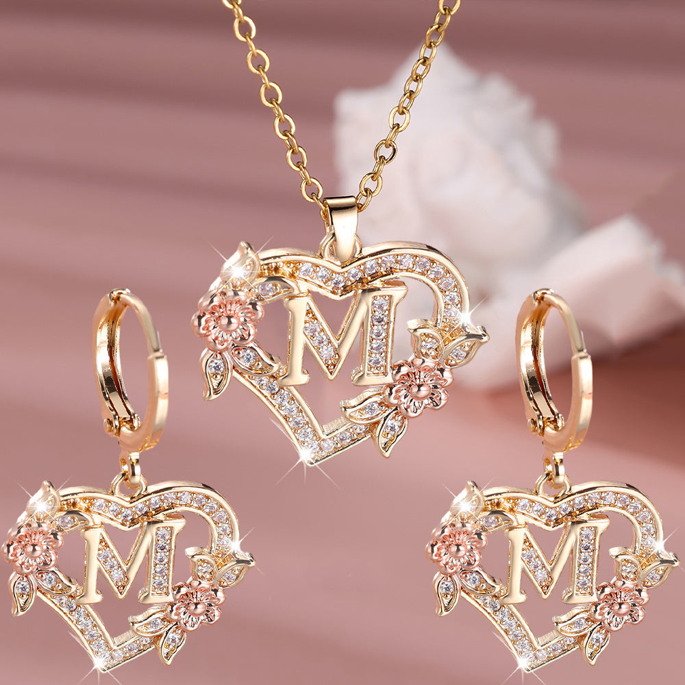 3pcs Women's Initial Jewelry Set - Heart-Shaped Interlocking Link Necklace & Earrings with 26-Letter Monogram, Elegant Golden-Tone -Accented Letters, Dainty Everyday Gift for Mother's Day, Graduation, Birthdays (Pink & Clear