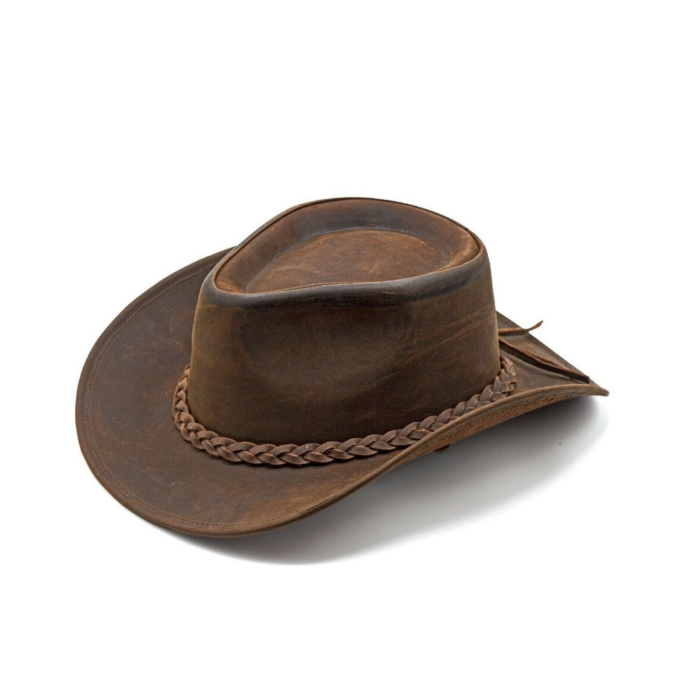 Men & Women Brown Genuine Leather Western Cowboy Hat – Classic Outdoor Riding & Ranch Style Headwear for Travel, Festivals, Horseback Riding, Camping, Hiking & Country Events – Perfect Gift for Thanksgiving, Christmas, Ne