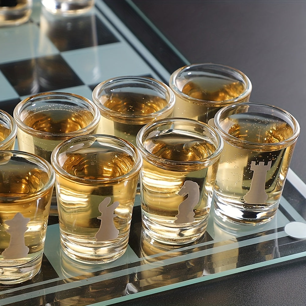 32pcs Chess-Themed Shot Glass Drinking Game Set - Acrylic Chess Board Glasses for Adults, Durable Bar Party Supplies with Storage Case, Family Game Night & Strategy Board Game Accessories