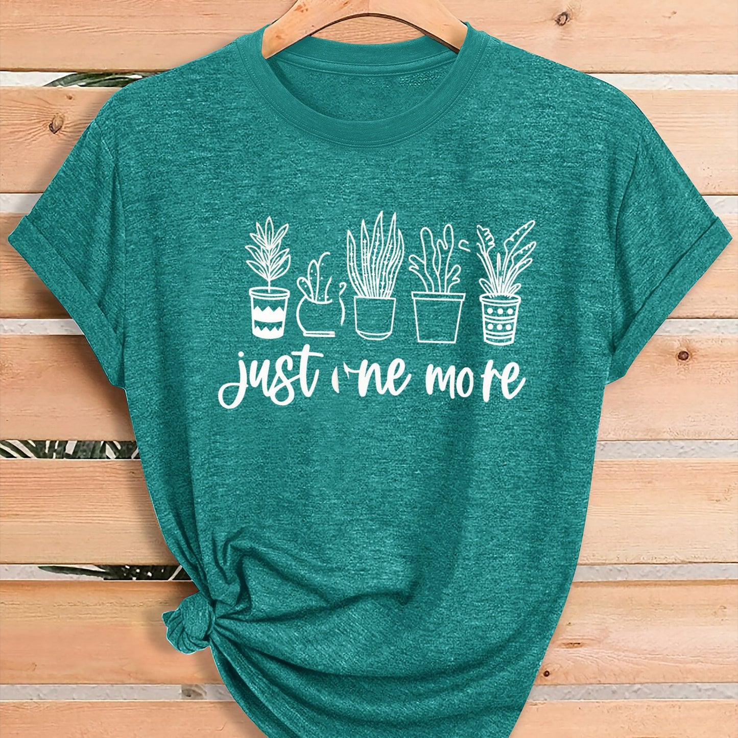 Women'S Green Plant Print T-Shirt with "Just One More" Slogan & Cactus/Succulent Design - Breathable Round Neck Casual Streetwear Top for Gym, Casual Attire, All-Season Comfort - Funny Botanical Graphic Tee for Plant Lovers,