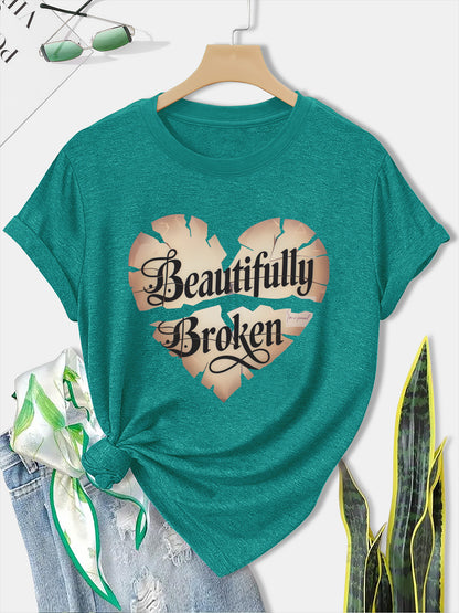 Women'S Olive Green Butterfly & Heart Print "Beautifully Broken" T-Shirt - Casual Streetwear Round Neck Short Sleeve Top, Breathable All-Season Comfort Fit for Gym, Training & Casual Attire with Motivational Slogan Design, Lo