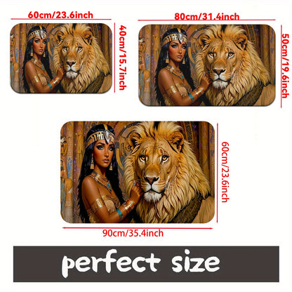 1pc Cleopatra and Lion Non-Slip Door Mat – Microfiber Absorbent, Machine Washable Polyester Rug with Egyptian Motifs, Perfect for Bathroom, Bedroom, Living Room
