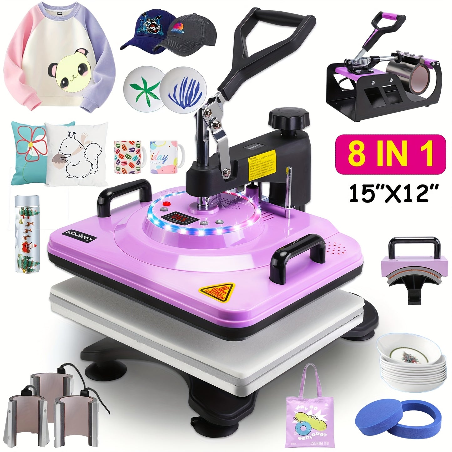 This Is a Versatile Heat Press Machine Combo Featuring an 8 in 1 And 5 in 1 Design, with Dimensions of 15"X15" And 15"X12". It Has a Rotatable Design And Is Suitable for Transferring Images Onto Various Items Such As T-Shirts