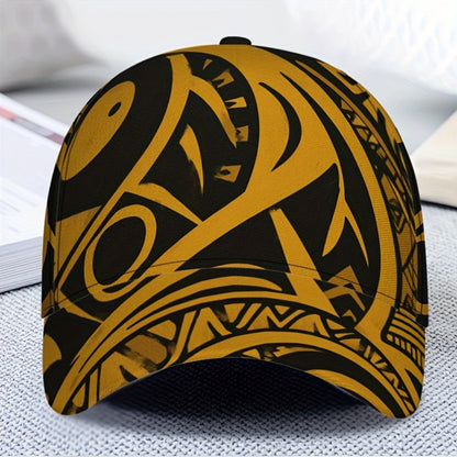 1pc 2D Aztec Spiral Maze Print Baseball Cap - Adjustable Snapback with Full-Body Design, Black & Yellow Pattern, Perfect for Sports, Street Fashion & Outdoor Running, Sports Headwear | Bold Headgear | Durable Headwear