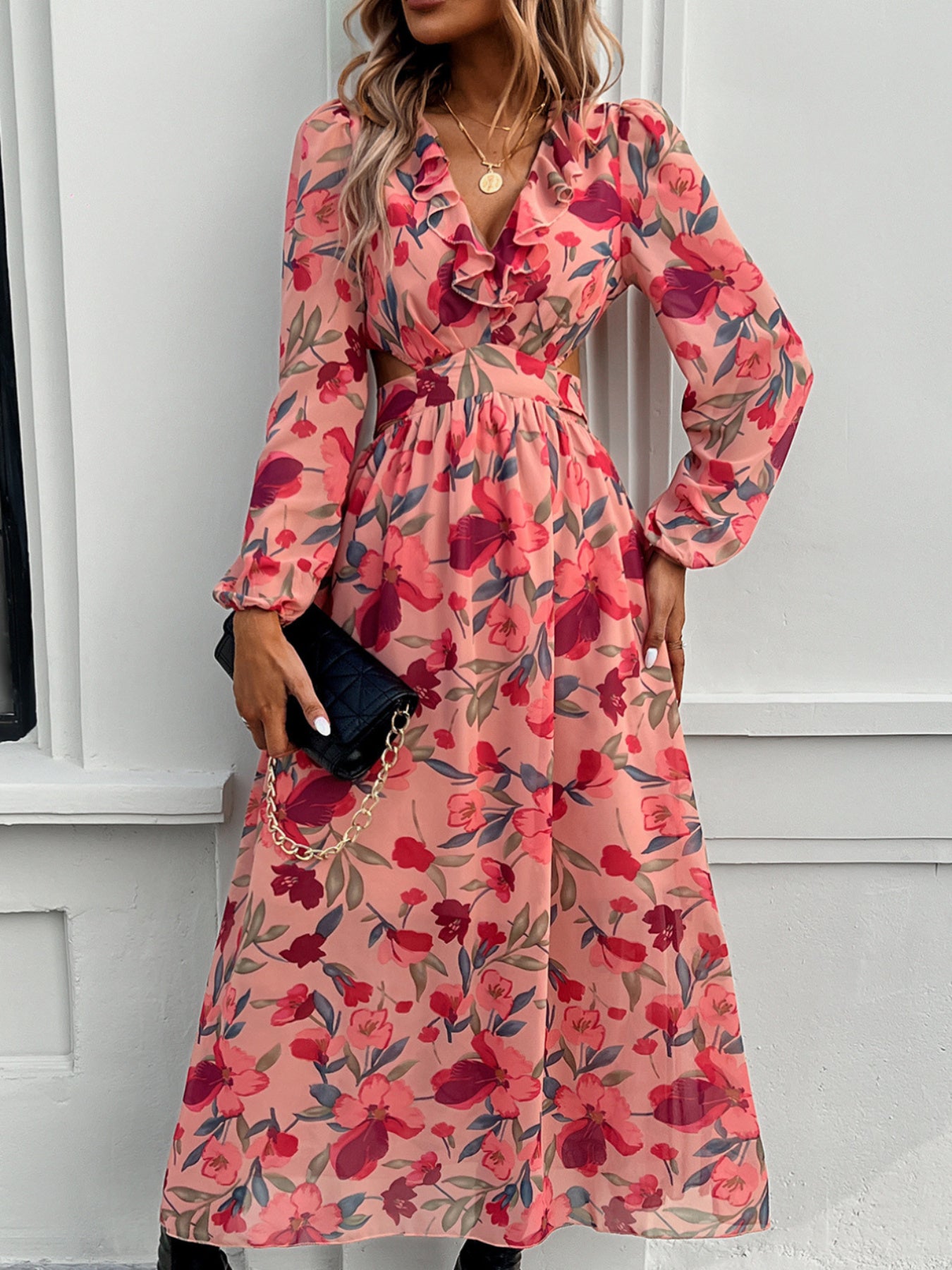 Stylish Floral Dresses with V-Neck, Long-Sleeved& Waist-Cinching Design for A Comfortable Look- Holiday& Casual Outfit for Women