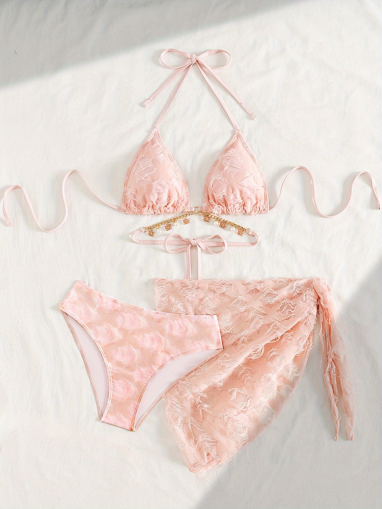 Pink Lace Bikini Three-Piece Set | Tie Halter Design with Pearl Chain, Includes Cover-Up Skirt, Sweet Vacation Beach Swimsuit, High Stretch Fabric
