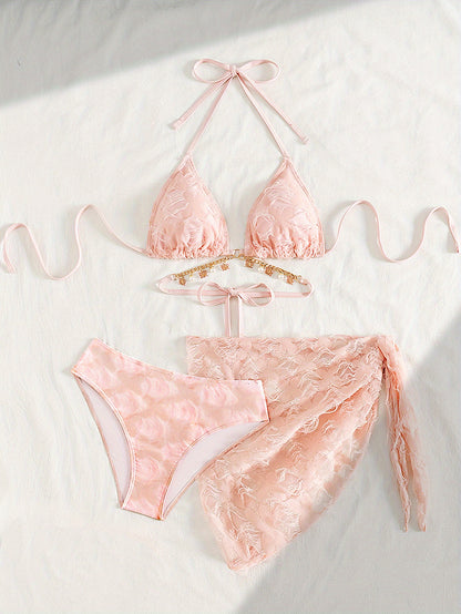 Pink Lace Bikini Three-Piece Set | Tie Halter Design with Pearl Chain, Includes Cover-Up Skirt, Sweet Vacation Beach Swimsuit, High Stretch Fabric