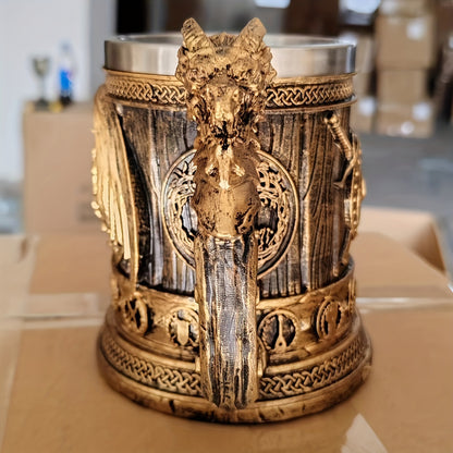 Vintage Medieval Handle Beer Mug: 600ml/20.29oz Large Capacity Stainless Steel Mug - Perfect for Summer Beverages, Coffee, or as a Men's Birthday Gift - Hand Wash Only - Resin Cup Collection