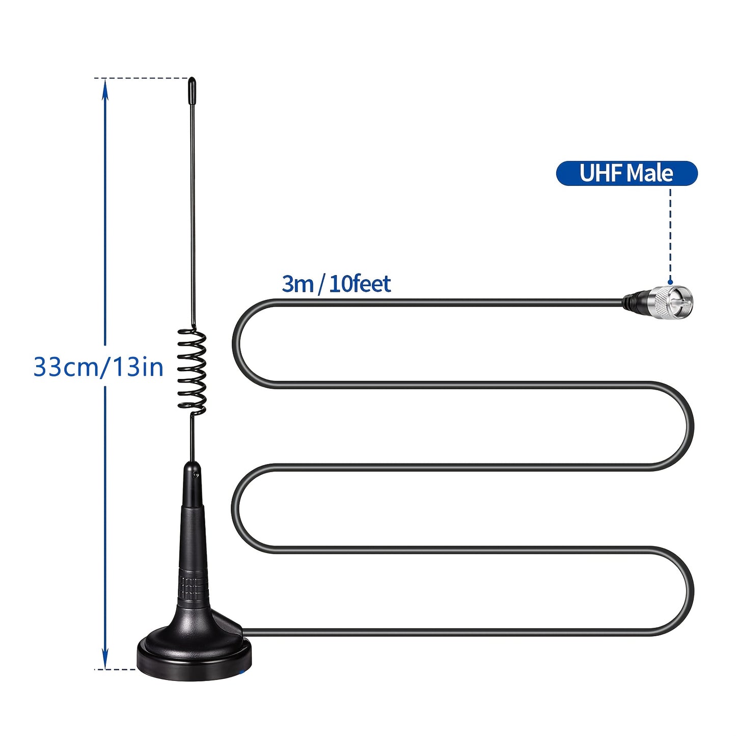 13-Inch Long Range 27MHz CB Radio Antenna with PL-259 BNC Adaptor & Magnetic Mount - High-Gain 27MHz Frequency, Durable Black Design for Midland, Cobra, Uniden, Anytone Truck Radios - Portable Handheld Antenna for Enhanced Si