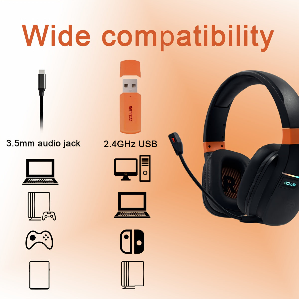 Colusi Gaming Headset with Detachable Mic, 2.4G Wireless USB Gamer Headphones with Mic for PS4PS5/Laptop/PC/Mac, Bass Surround, Suitable for Travel, Work, E-Sports Games, Music Various Scenarios, Work Headphones, Gaming Headp