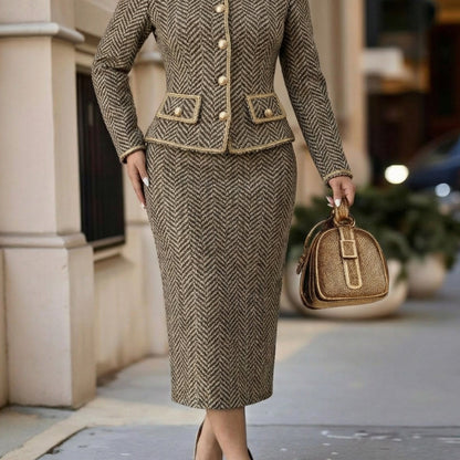 Plus Size, 2pcs Plus Size Brown Herringbone Blazer & Midi Skirt Suit - Houndstooth/Herringbone Matching Professional Outfits, Hand Washable Blazer & Skirt for Workplace, Formal Events, Elegant Commute Style (No Stretch) 2pcs
