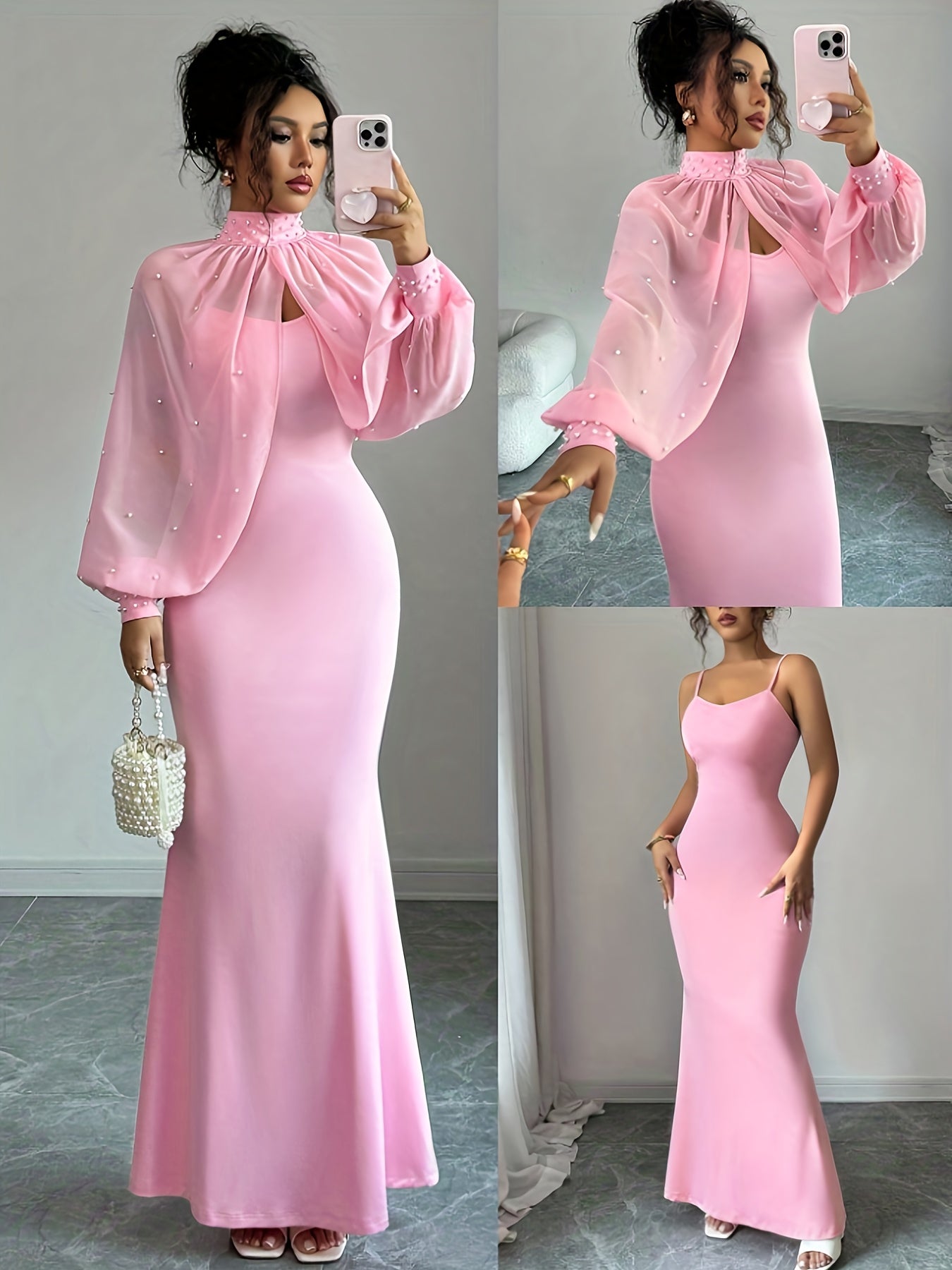WY251221079 Elenzga New Elegant Mature Charm Evening Gown, Graceful and Gentle, Dreamy Pink, Hand-beaded Long Sleeve Top, Elegant Mermaid Fit Strapless Dress Set, Spring/Summer Women's Wear