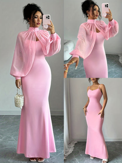 WY251221079 Elenzga New Elegant Mature Charm Evening Gown, Graceful and Gentle, Dreamy Pink, Hand-beaded Long Sleeve Top, Elegant Mermaid Fit Strapless Dress Set, Spring/Summer Women's Wear