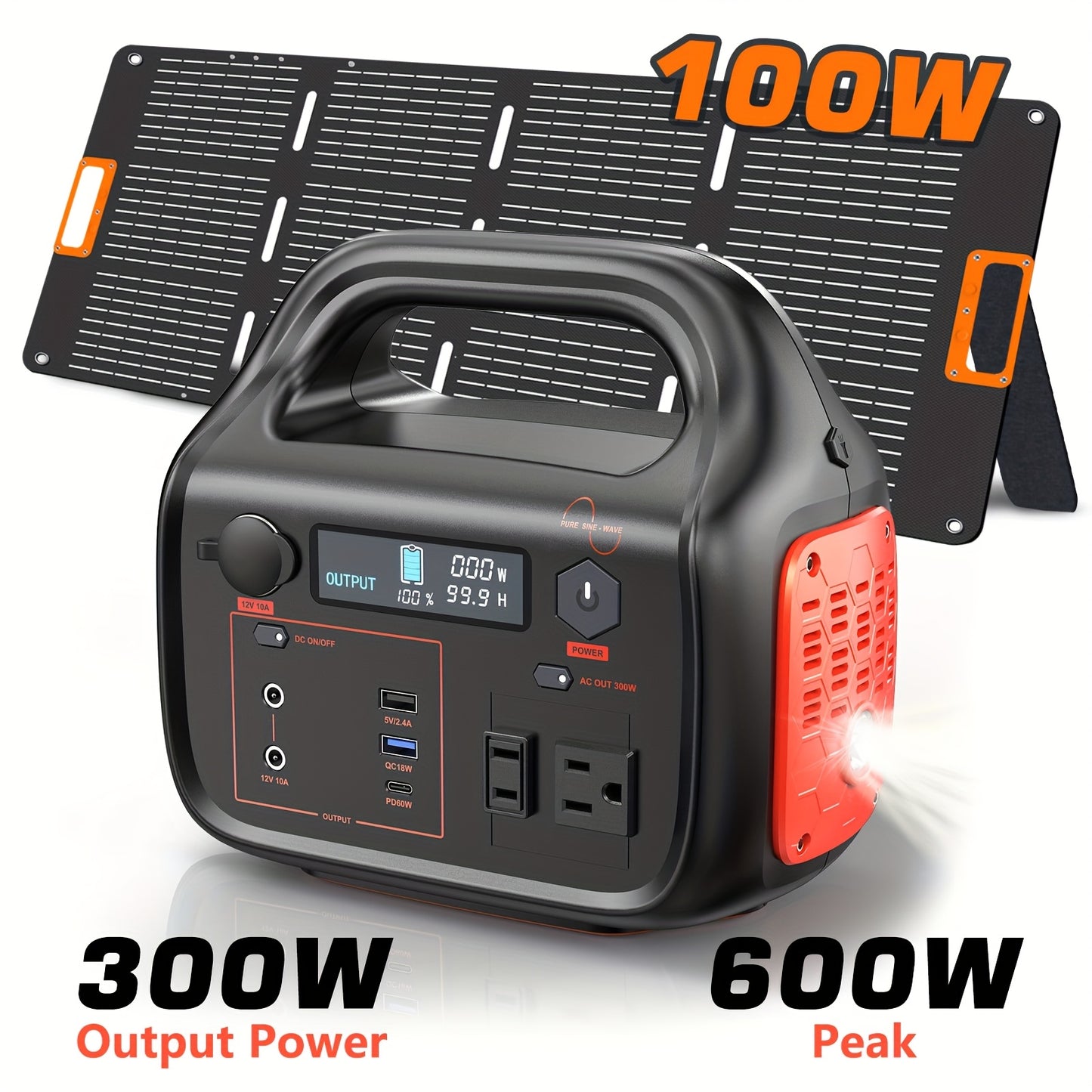 300W/600W/1000W+200W Solar Panel Portable Power Station, 1075Wh Backup Lithium Battery, 120V/1000W AC Outlet, Solar Generator For Home, RV, Outdoor, Camping And Emergencies Use