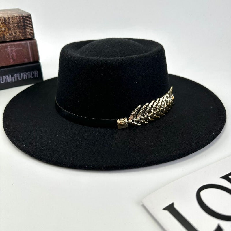 1pc Women'S Retro Wide-Brimmed Fedora Hat with Metal Crescent & Black Leather-like Band - Vibrant Orange/Red/Green/Black/Navy Blue/Purple/White - Elegant Non-Stretch Design for Autumn Winter, Music Festivals, Christmas & Dail