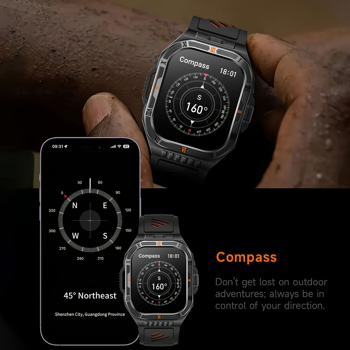 COIUSOR Men'S & Women'S Outdoor Sports Smart Watch with Flashlight, 1100mAh Large-Capacity Battery, Built-in Compass, 100+ Sports Modes, 2.01" HD Display, Wireless Calls, AI Voice Assistant, USB Rechargeable - Ideal Holiday G