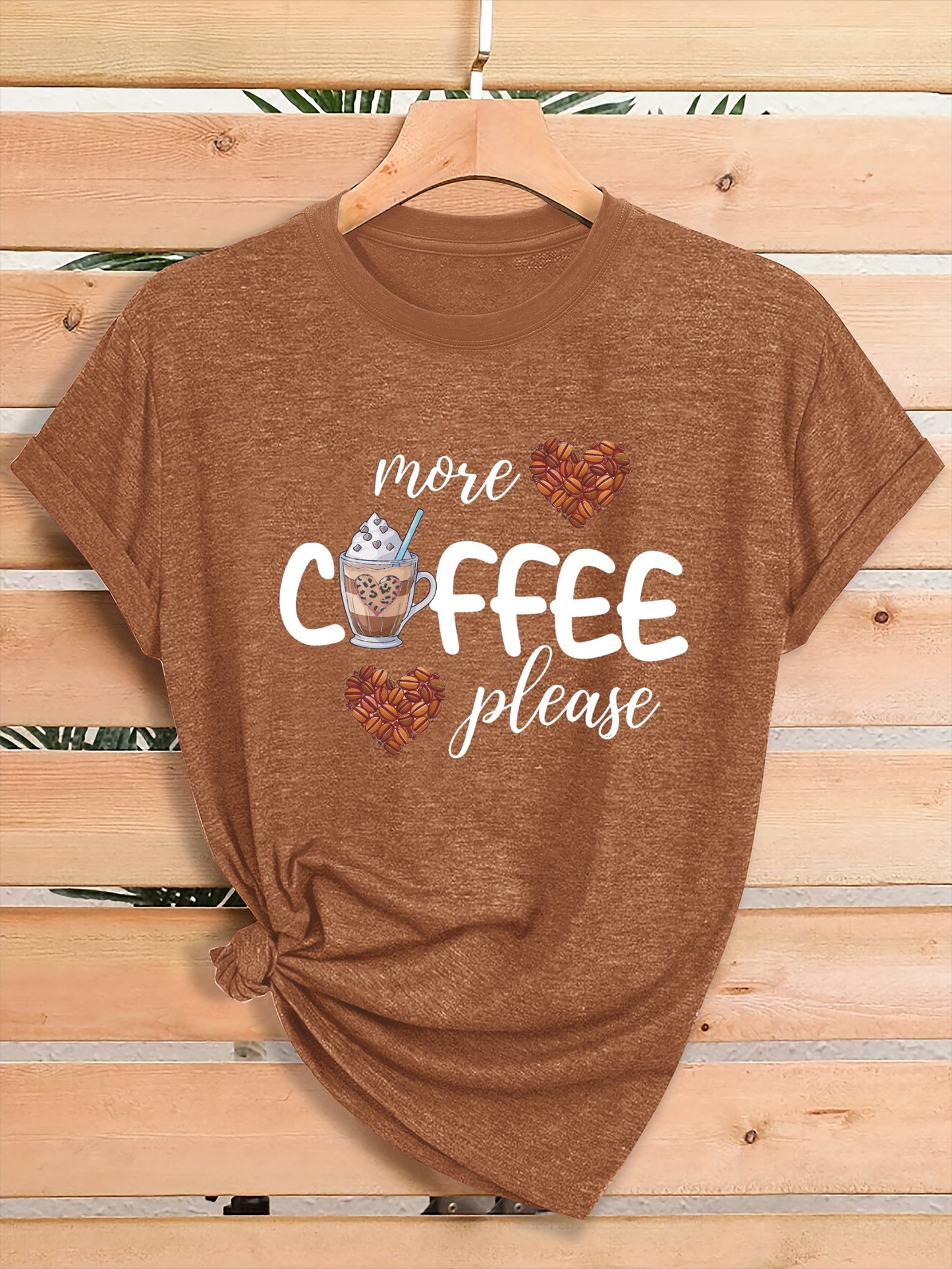 Women'S Coffee Lover Graphic T-Shirt - "More COFFEE Please" Print with Coffee Beans & Heart Eyes - Soft Stretch Round Neck Casual Streetwear Top for Gym, Casual Attire & Coffee Shop Outfits - All-Season Comfort Fit Tee, Coffe