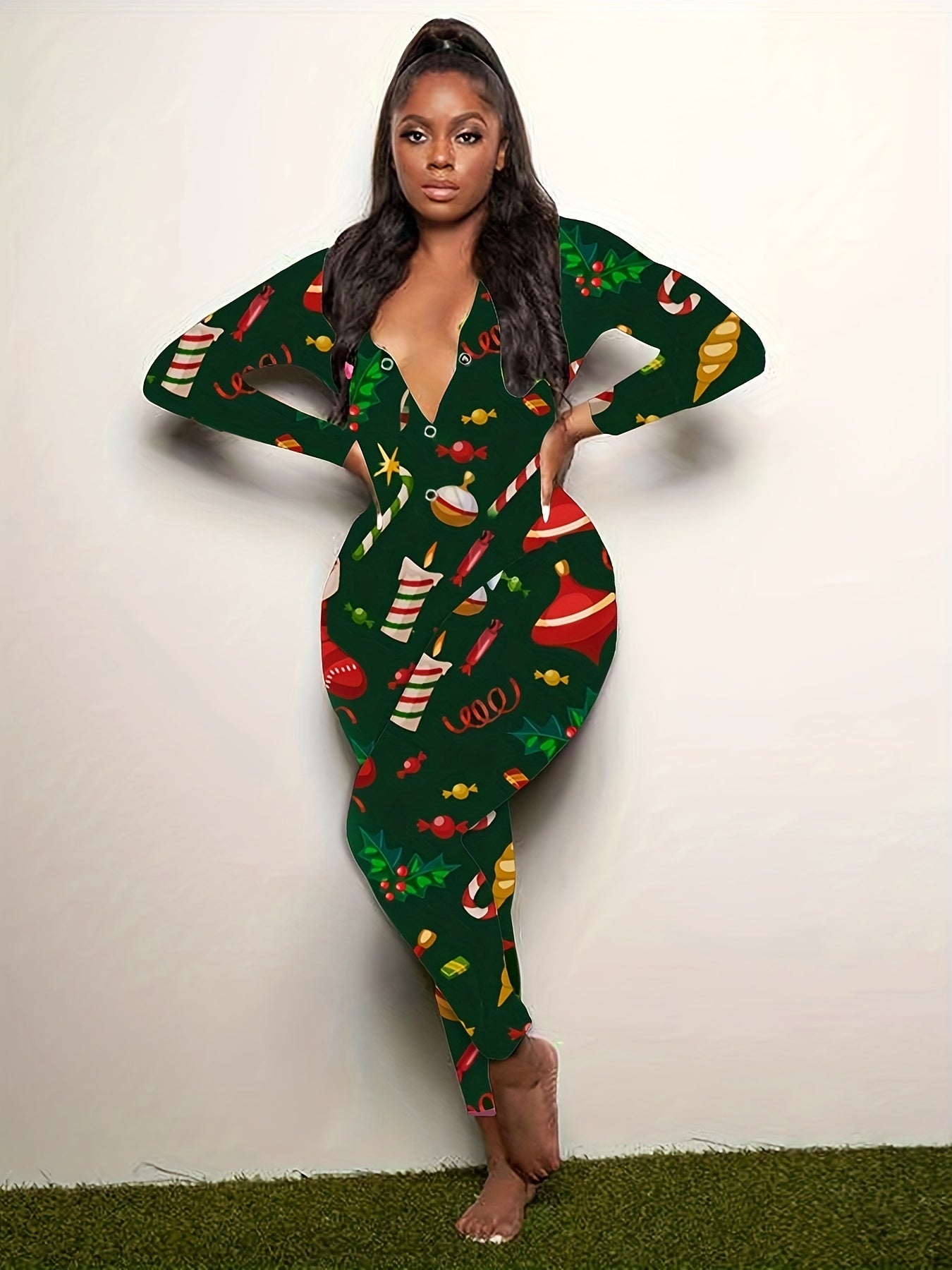 Women'S Christmas Print Lounge Jumpsuit - Sexy Long Sleeve V-Neck Button Front Sleepwear, Vibrant Holiday Design, Lightweight Summer Loungewear for Adults, Christmas Pajamas, Festive Loungewear, Playful Design, Comfortable Fi
