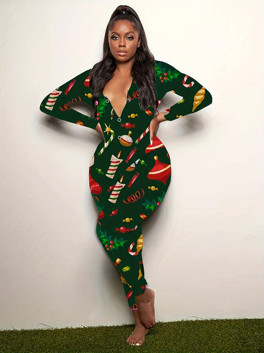 Women'S Christmas Print Lounge Jumpsuit - Sexy Long Sleeve V-Neck Button Front Sleepwear, Vibrant Holiday Design, Lightweight Summer Loungewear for Adults, Christmas Pajamas, Festive Loungewear, Playful Design, Comfortable Fi