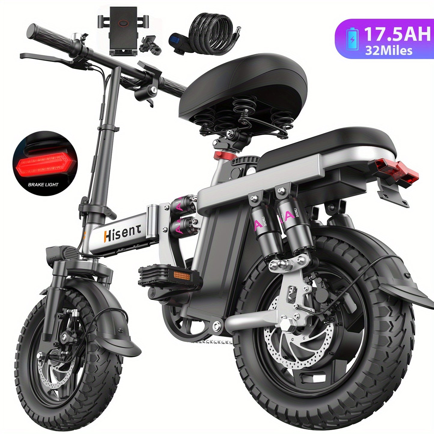 Hisent Adult Electric Bicycle, 48V 6A10A/15A/17.5A Lithium Battery, 20MPH, 8-35 Miles Range, 740W Brushless Motor, Multiple Shock Absorbers, 14" High-quality Tires, 3-step Folding, LCD Display, with Headlight And Taillight, C