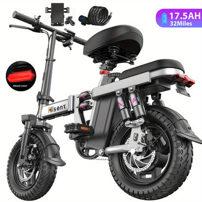 Hisent Adult Electric Bicycle, 48V 6A10A/15A/17.5A Lithium Battery, 20MPH, 8-35 Miles Range, 740W Brushless Motor, Multiple Shock Absorbers, 14" High-quality Tires, 3-step Folding, LCD Display, with Headlight And Taillight, C