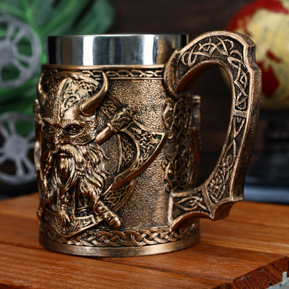 A Viking relief mug, a medieval European Viking beer mug made of stainless steel, with a large capacity of 20.3oz, a powerful Viking warrior coffee cup, a bar specialty cup, and a gift giving for daily life