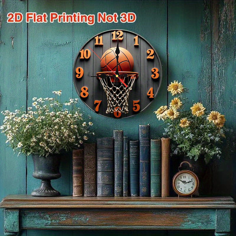 1 wall-mounted clock, 2D flat 10-inch Retro basketball round wooden wall-mounted clock, battery-powered (excluding AA battery), suitable for home, kitchen, swimming pool or bathroom decoration, living room wall-mounted clock,