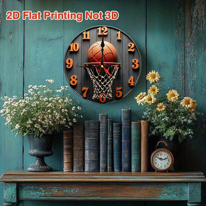 1 wall-mounted clock, 2D flat 10-inch Retro basketball round wooden wall-mounted clock, battery-powered (excluding AA battery), suitable for home, kitchen, swimming pool or bathroom decoration, living room wall-mounted clock,