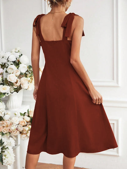 Line -Neck Shimmer Midi Dress - Front Ruching & Side Slit Waist-Defining Dress Suitable for Date Night, Spring/Summer Wedding Guest Dress - Machine Washable Solid Color Elegant Dress