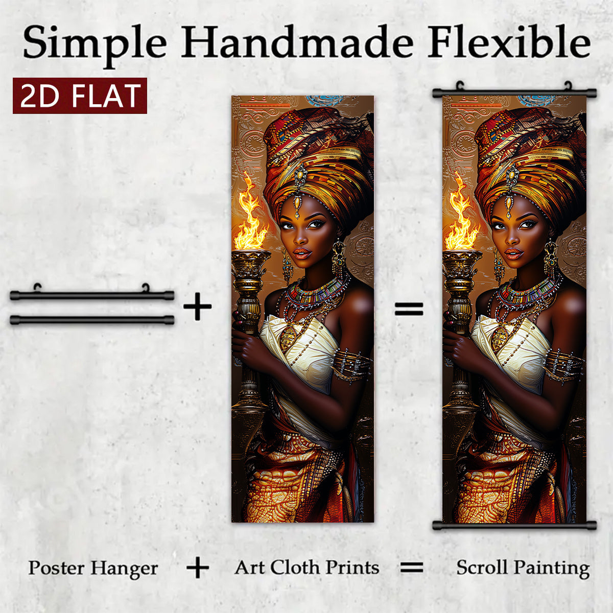 2D Flat, 2D/FLAT-3 African Flame Theme Women's Scroll, High-Quality Art Hanging Painting, Fade-Resistant & Odorless Modern Decor for Living Room, Bedroom, and Kitchen