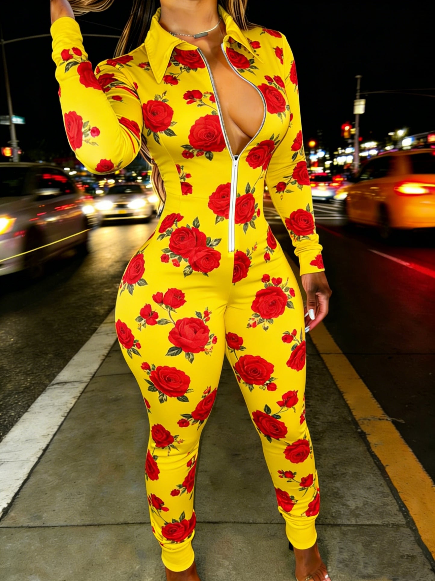 Red Rose Print Casual Women's Half Zipper Jumpsuit, Floral Pattern Casual Wear, Outdoor S Women's Long Sleeved Lapel Sweatshirt Jumpsuit, Fashionable Spring Half Zipper Slim Fit Jumpsuit, Women's Gift, Soft Fabric, Machine Wa