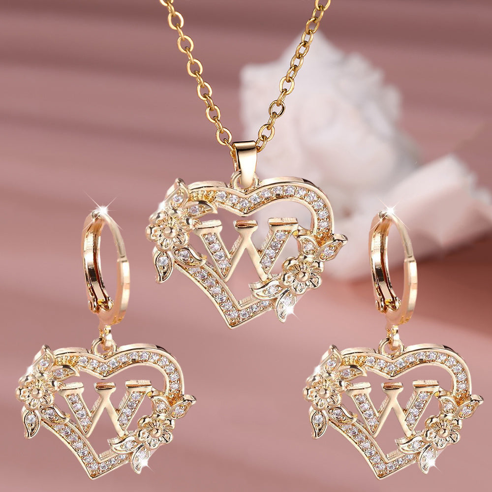 3pcs Women's Initial Jewelry Set - Heart-Shaped Interlocking Link Necklace & Earrings with 26-Letter Monogram, Elegant Golden-Tone -Accented Letters, Dainty Everyday Gift for Mother's Day, Graduation, Birthdays (Pink & Clear