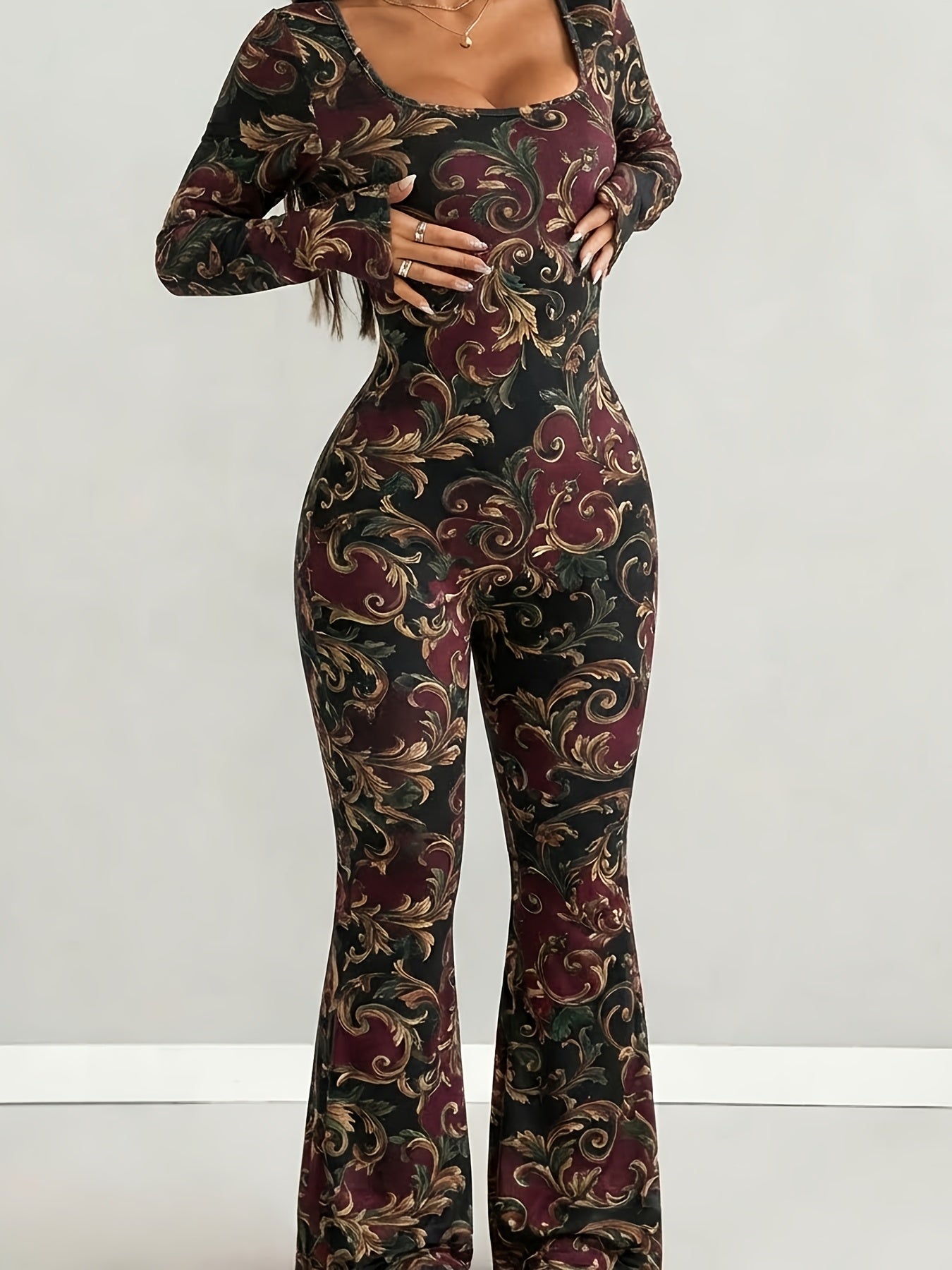 Women'S Jumpsuit Set | Casual Fashionable Sexy, Loose U-Neck Cut, Slim Fit, Burgundy Rose Print, Long Sleeve Flared Leg, Versatile Use, Suitable for Multiple Occasions & Seasons, Ideal for Outdoor